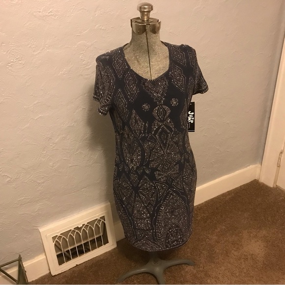 NWT Jump Apparel Sequin Cocktail Short Sleeve  Midi Dress - Picture 1 of 7